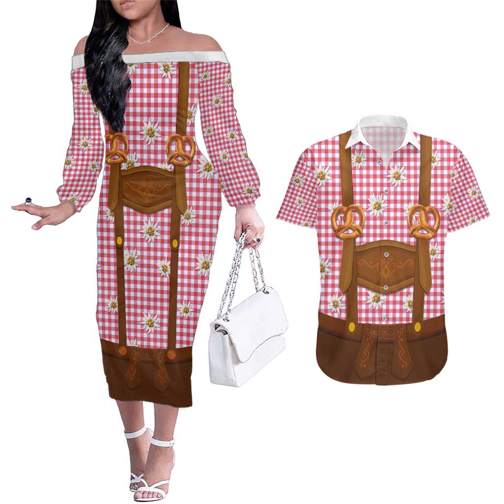 Traditional German Costume - Lederhosen and Soft Pretzel Couples Matching Off The Shoulder Long Sleeve Dress and Hawaiian Shirt Blue Plaid Pattern with Edelweiss Flowers