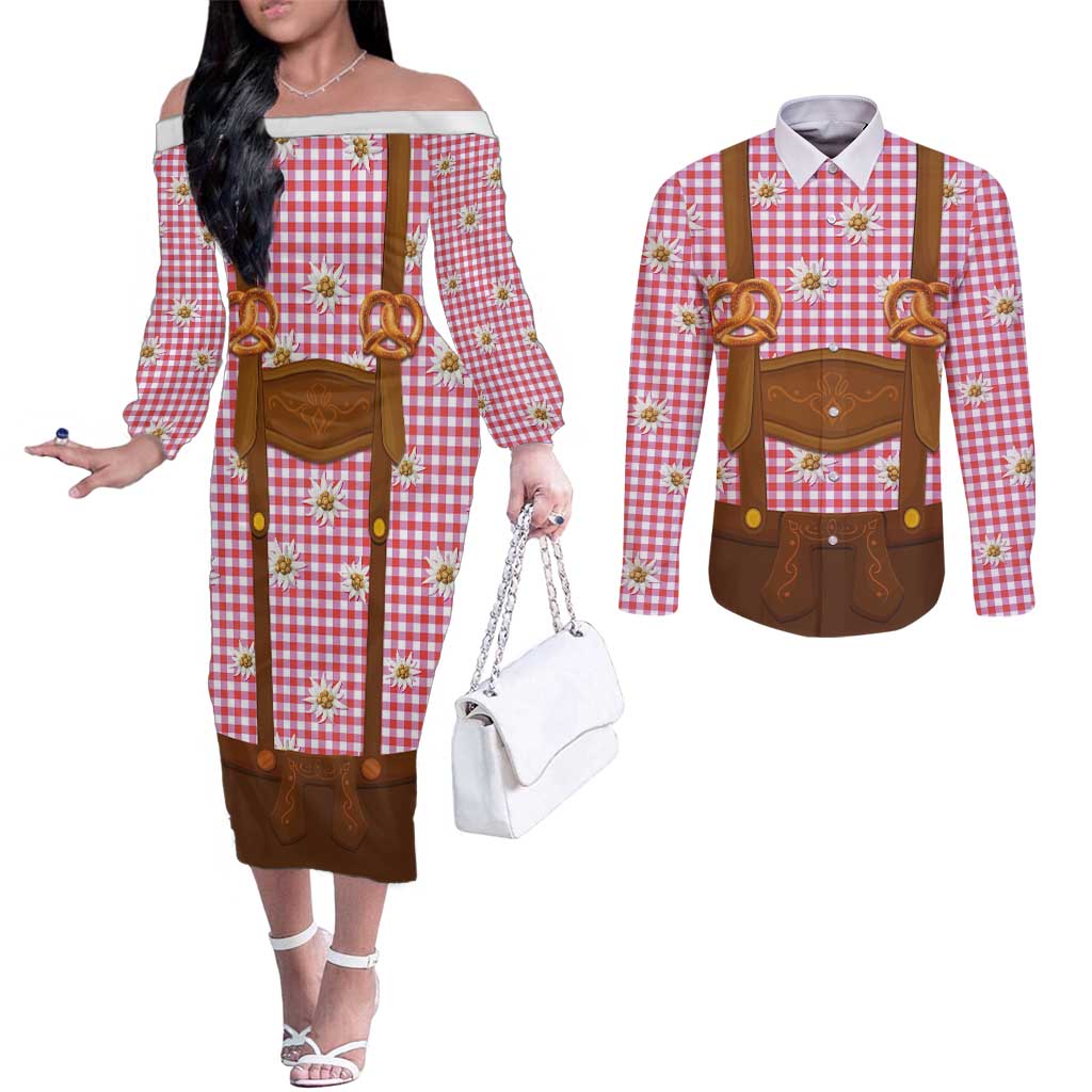 Traditional German Costume - Lederhosen and Soft Pretzel Couples Matching Off The Shoulder Long Sleeve Dress and Long Sleeve Button Shirt Blue Plaid Pattern with Edelweiss Flowers