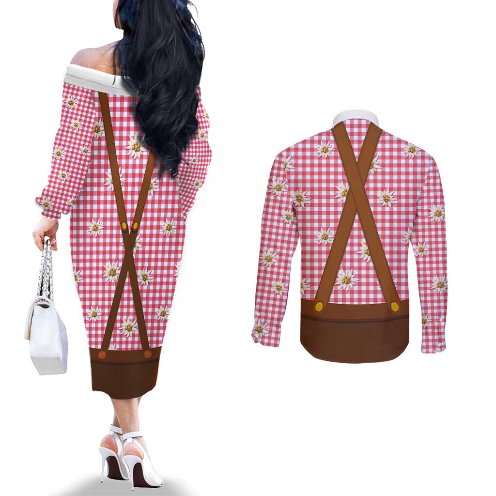 Traditional German Costume - Lederhosen and Soft Pretzel Couples Matching Off The Shoulder Long Sleeve Dress and Long Sleeve Button Shirt Blue Plaid Pattern with Edelweiss Flowers