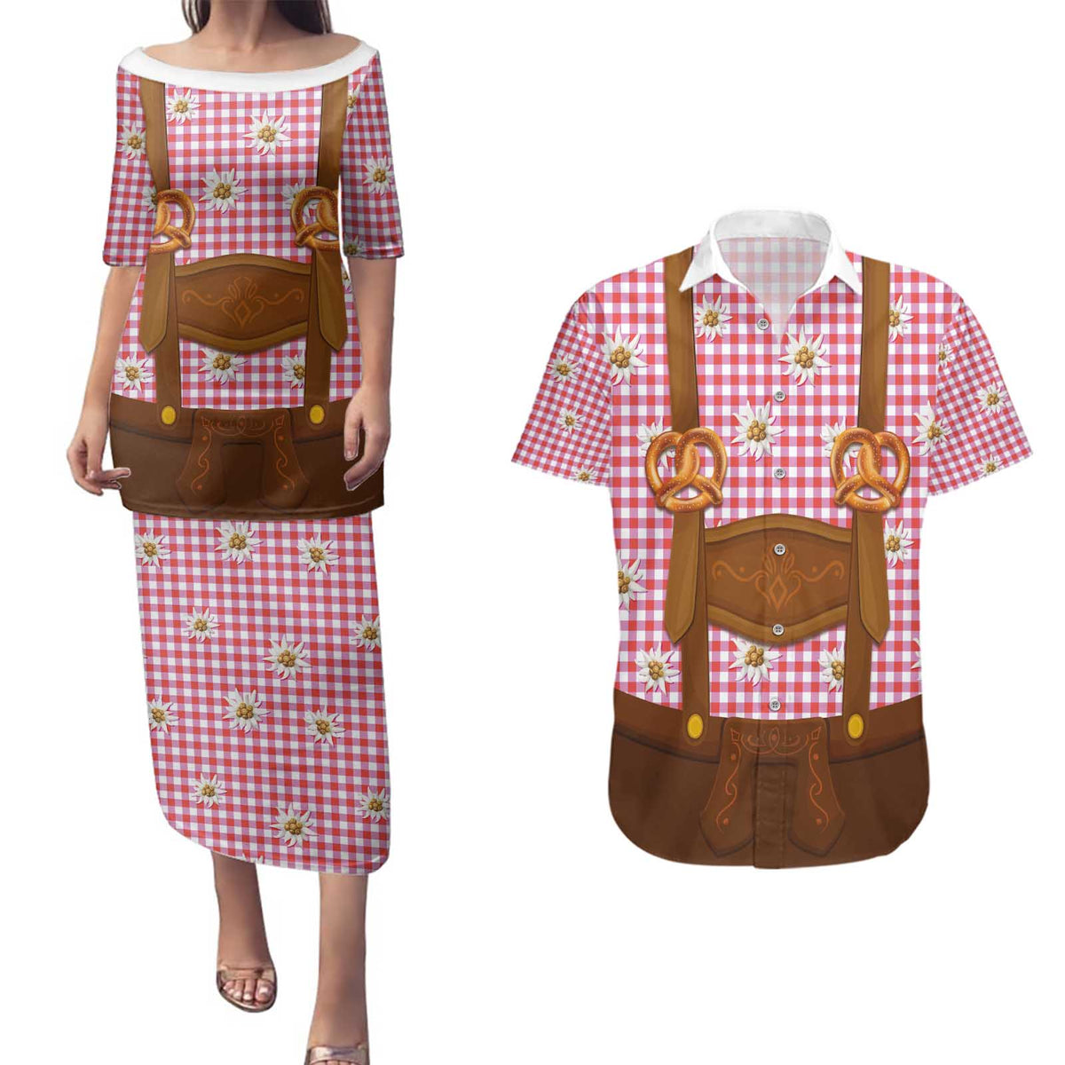 Traditional German Costume - Lederhosen and Soft Pretzel Couples Matching Puletasi and Hawaiian Shirt Blue Plaid Pattern with Edelweiss Flowers