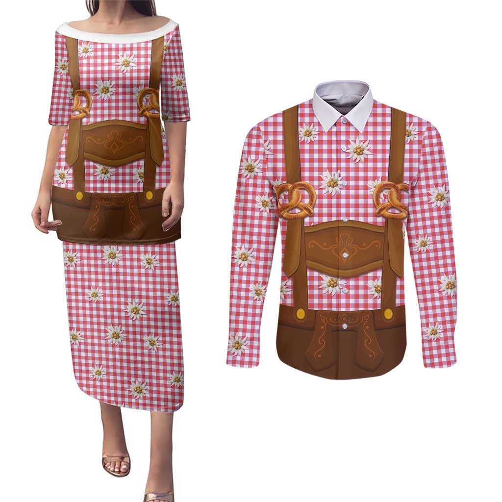 Traditional German Costume - Lederhosen and Soft Pretzel Couples Matching Puletasi and Long Sleeve Button Shirt Blue Plaid Pattern with Edelweiss Flowers
