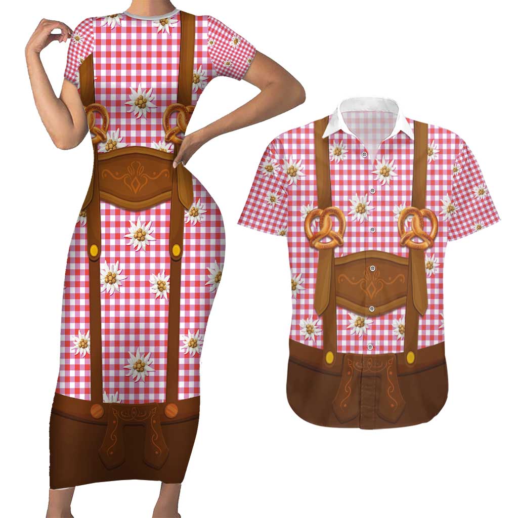 Traditional German Costume - Lederhosen and Soft Pretzel Couples Matching Short Sleeve Bodycon Dress and Hawaiian Shirt Blue Plaid Pattern with Edelweiss Flowers