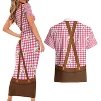 Traditional German Costume - Lederhosen and Soft Pretzel Couples Matching Short Sleeve Bodycon Dress and Hawaiian Shirt Blue Plaid Pattern with Edelweiss Flowers
