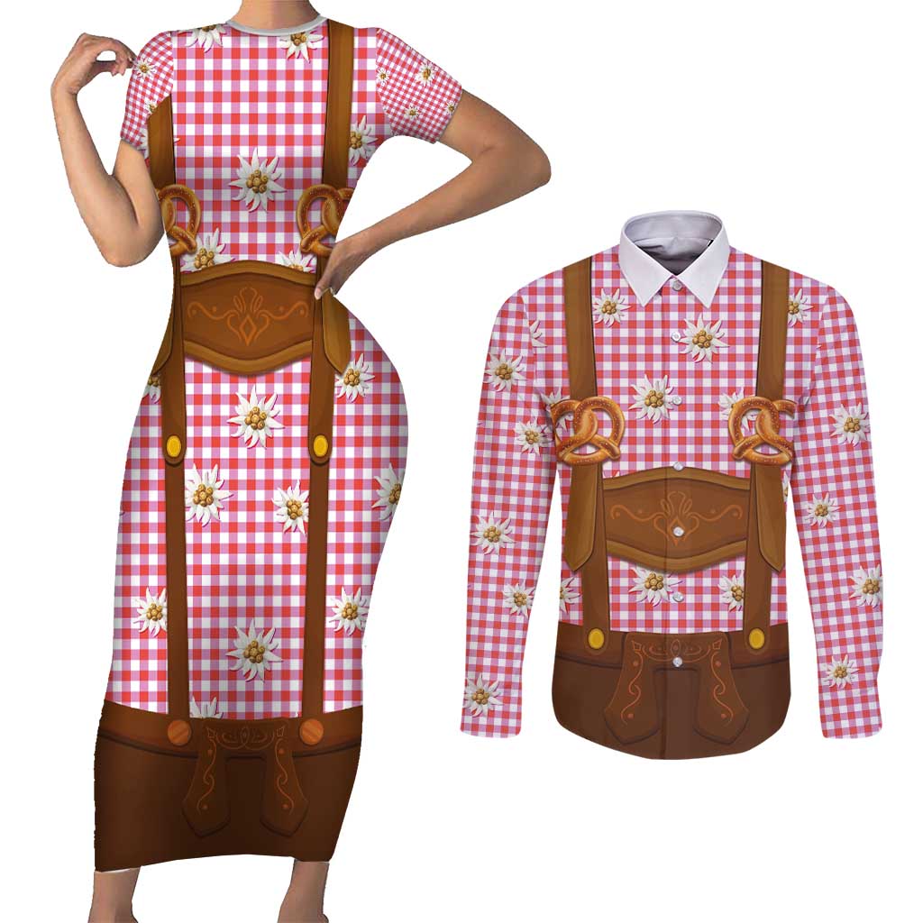 Traditional German Costume - Lederhosen and Soft Pretzel Couples Matching Short Sleeve Bodycon Dress and Long Sleeve Button Shirt Blue Plaid Pattern with Edelweiss Flowers