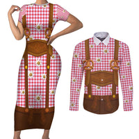 Traditional German Costume - Lederhosen and Soft Pretzel Couples Matching Short Sleeve Bodycon Dress and Long Sleeve Button Shirt Blue Plaid Pattern with Edelweiss Flowers