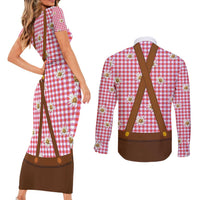 Traditional German Costume - Lederhosen and Soft Pretzel Couples Matching Short Sleeve Bodycon Dress and Long Sleeve Button Shirt Blue Plaid Pattern with Edelweiss Flowers
