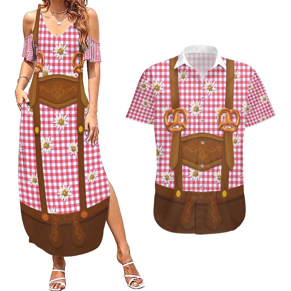 Traditional German Costume - Lederhosen and Soft Pretzel Couples Matching Summer Maxi Dress and Hawaiian Shirt Blue Plaid Pattern with Edelweiss Flowers