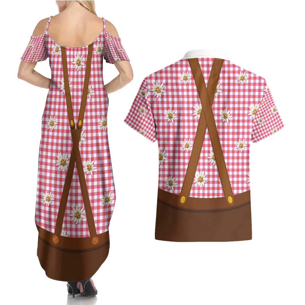 Traditional German Costume - Lederhosen and Soft Pretzel Couples Matching Summer Maxi Dress and Hawaiian Shirt Blue Plaid Pattern with Edelweiss Flowers