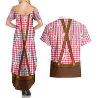 Traditional German Costume - Lederhosen and Soft Pretzel Couples Matching Summer Maxi Dress and Hawaiian Shirt Blue Plaid Pattern with Edelweiss Flowers