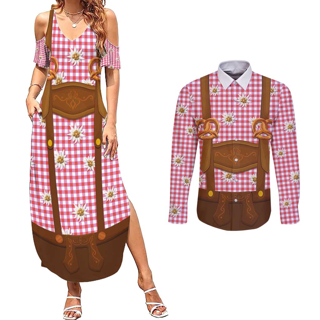 Traditional German Costume - Lederhosen and Soft Pretzel Couples Matching Summer Maxi Dress and Long Sleeve Button Shirt Blue Plaid Pattern with Edelweiss Flowers