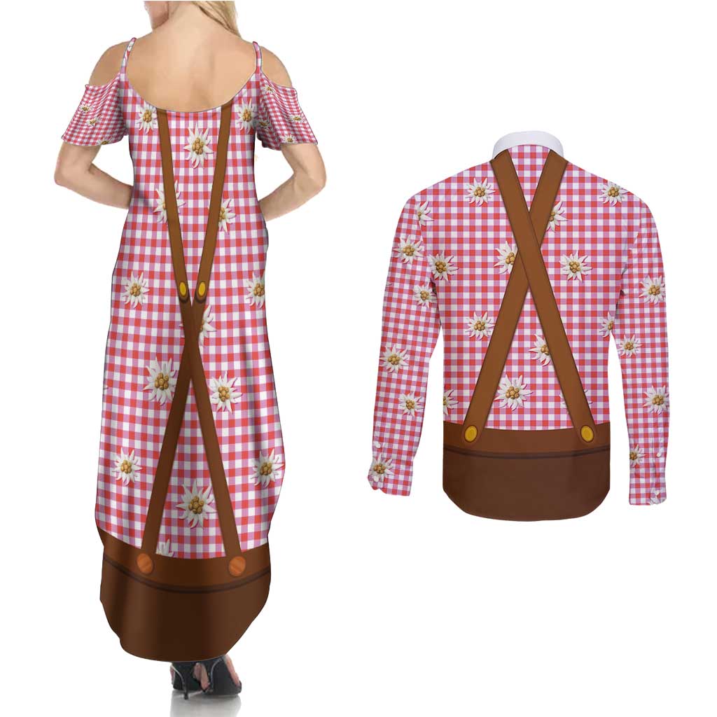 Traditional German Costume - Lederhosen and Soft Pretzel Couples Matching Summer Maxi Dress and Long Sleeve Button Shirt Blue Plaid Pattern with Edelweiss Flowers