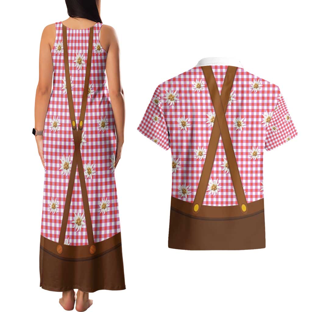 Traditional German Costume - Lederhosen and Soft Pretzel Couples Matching Tank Maxi Dress and Hawaiian Shirt Blue Plaid Pattern with Edelweiss Flowers