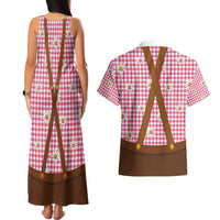 Traditional German Costume - Lederhosen and Soft Pretzel Couples Matching Tank Maxi Dress and Hawaiian Shirt Blue Plaid Pattern with Edelweiss Flowers