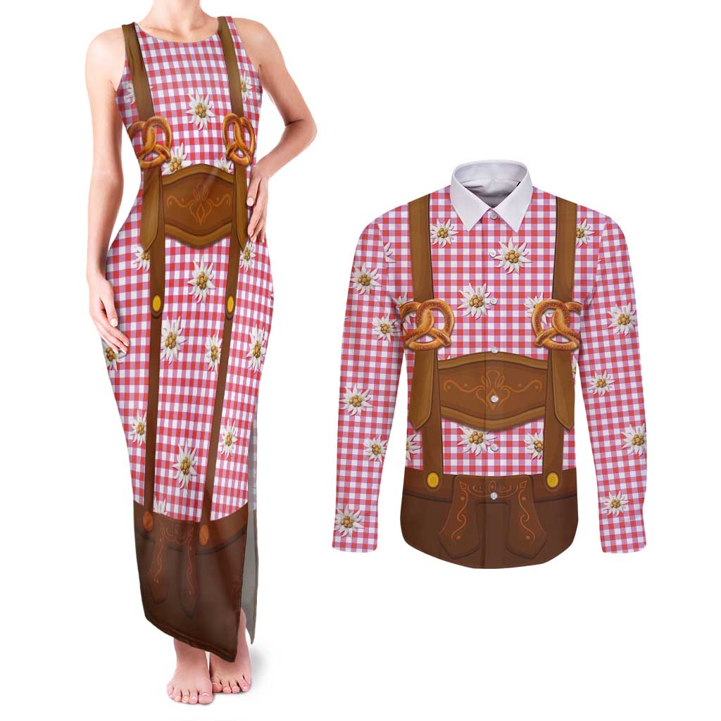 Traditional German Costume - Lederhosen and Soft Pretzel Couples Matching Tank Maxi Dress and Long Sleeve Button Shirt Blue Plaid Pattern with Edelweiss Flowers