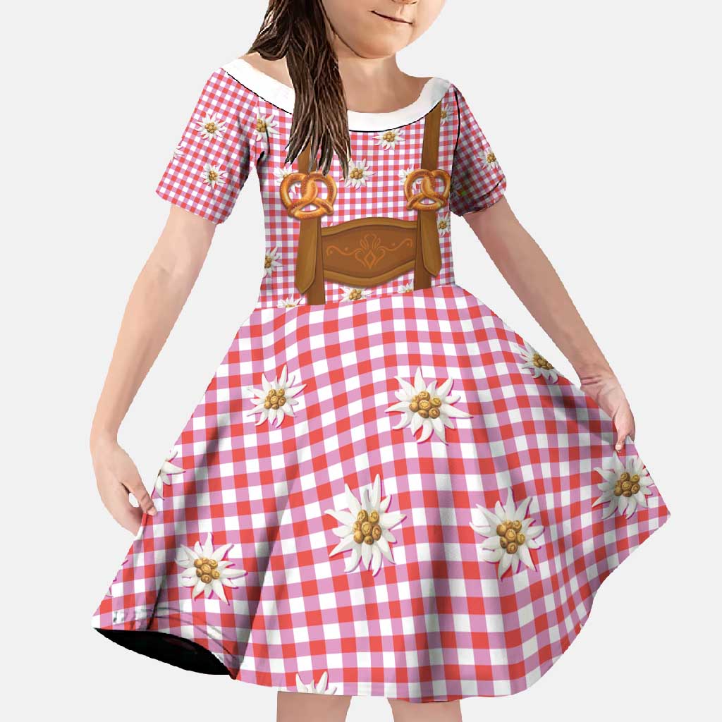 Traditional German Costume - Lederhosen and Soft Pretzel Family Matching Long Sleeve Bodycon Dress and Hawaiian Shirt Blue Plaid Pattern with Edelweiss Flowers