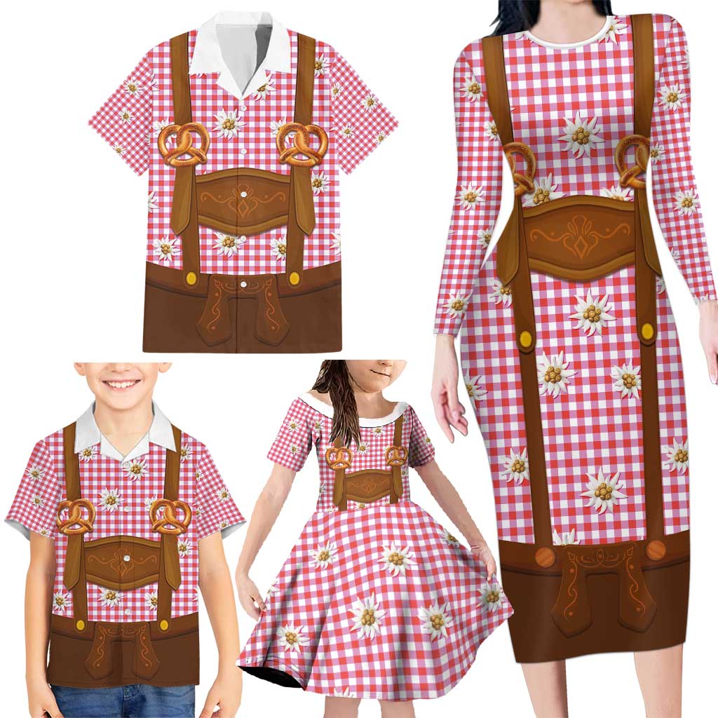Traditional German Costume - Lederhosen and Soft Pretzel Family Matching Long Sleeve Bodycon Dress and Hawaiian Shirt Blue Plaid Pattern with Edelweiss Flowers