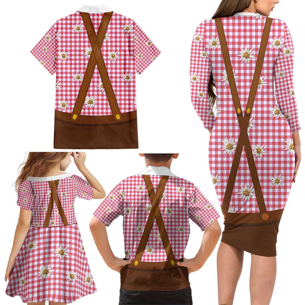 Traditional German Costume - Lederhosen and Soft Pretzel Family Matching Long Sleeve Bodycon Dress and Hawaiian Shirt Blue Plaid Pattern with Edelweiss Flowers