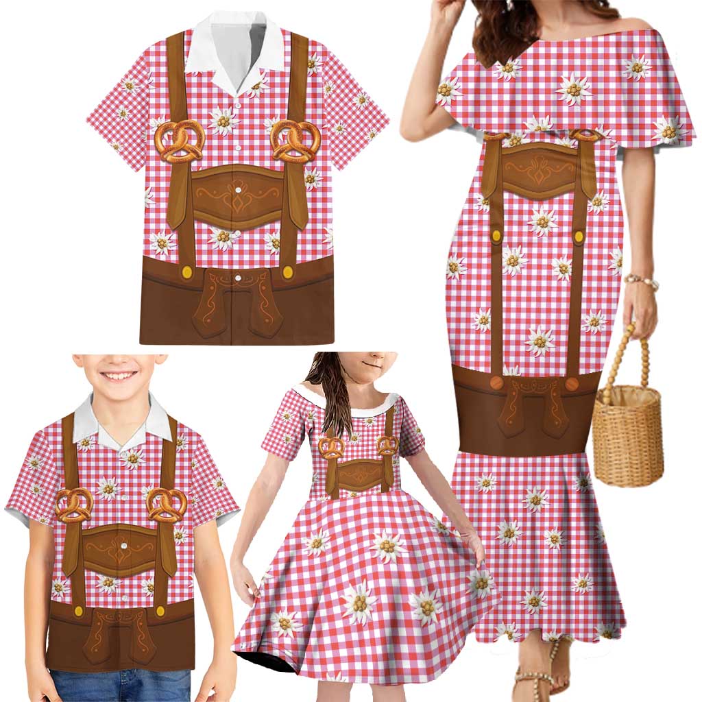 Traditional German Costume - Lederhosen and Soft Pretzel Family Matching Mermaid Dress and Hawaiian Shirt Blue Plaid Pattern with Edelweiss Flowers