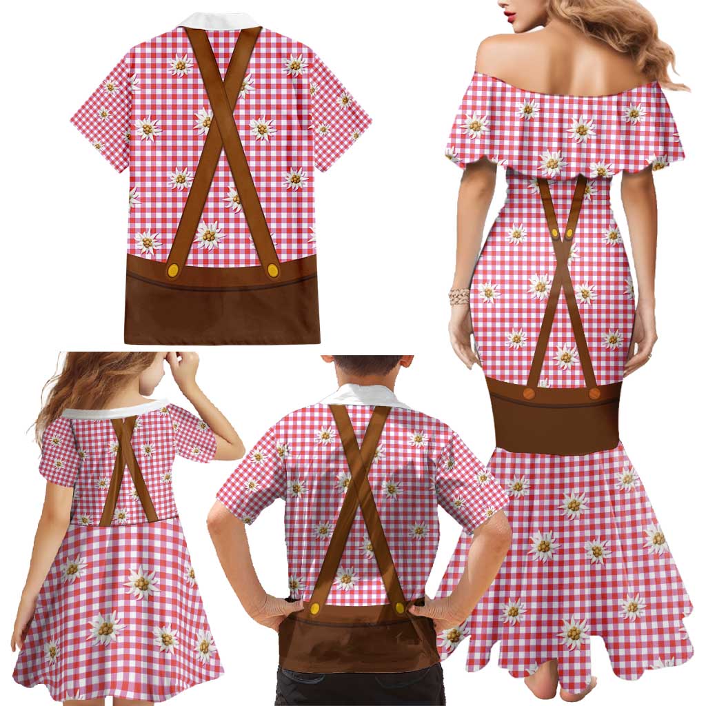 Traditional German Costume - Lederhosen and Soft Pretzel Family Matching Mermaid Dress and Hawaiian Shirt Blue Plaid Pattern with Edelweiss Flowers