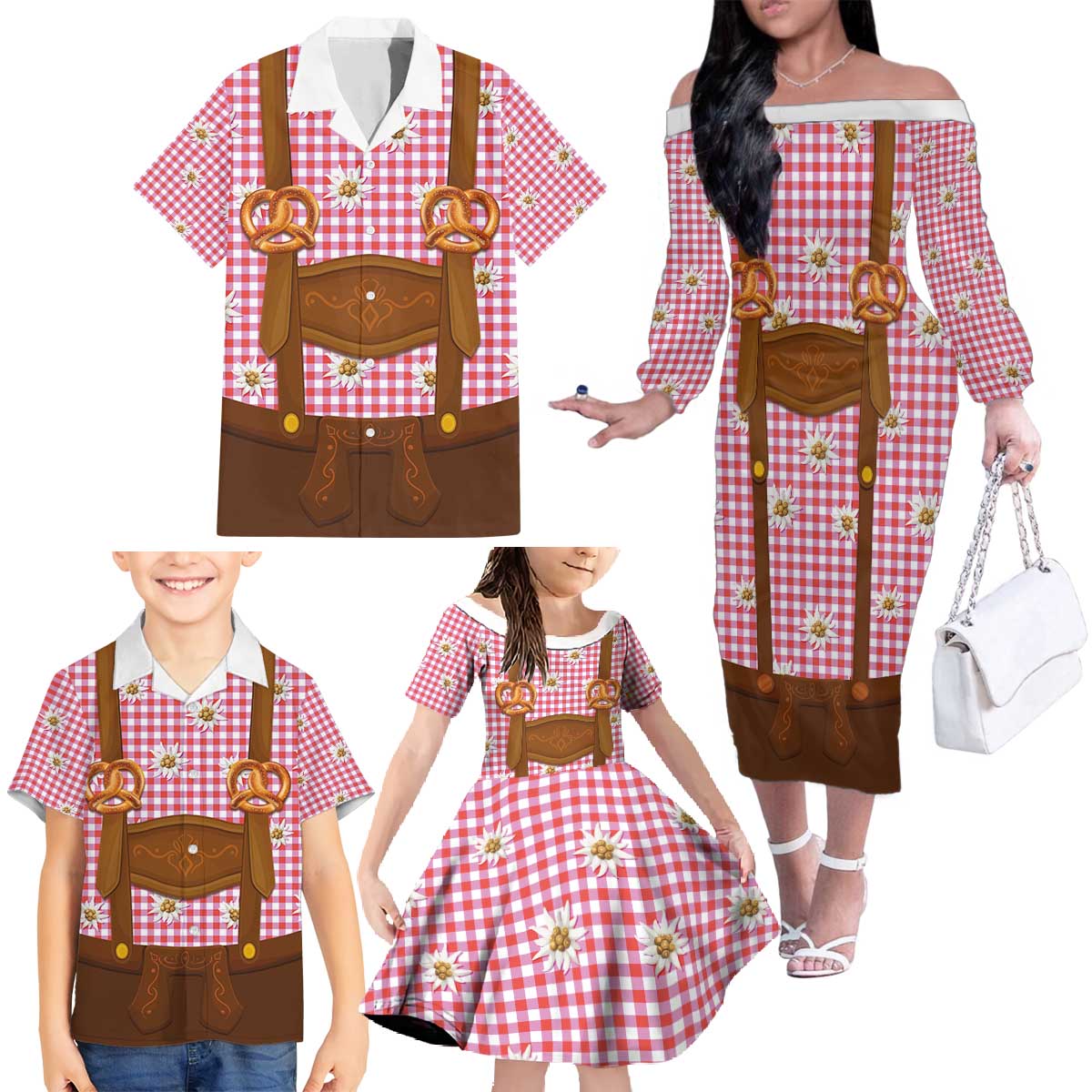 Traditional German Costume - Lederhosen and Soft Pretzel Family Matching Off The Shoulder Long Sleeve Dress and Hawaiian Shirt Blue Plaid Pattern with Edelweiss Flowers
