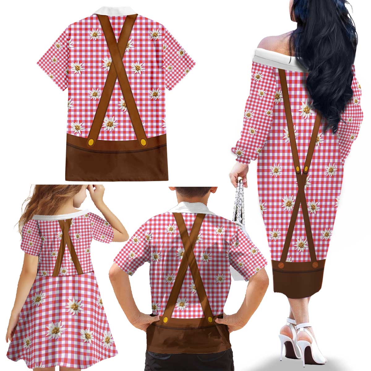 Traditional German Costume - Lederhosen and Soft Pretzel Family Matching Off The Shoulder Long Sleeve Dress and Hawaiian Shirt Blue Plaid Pattern with Edelweiss Flowers