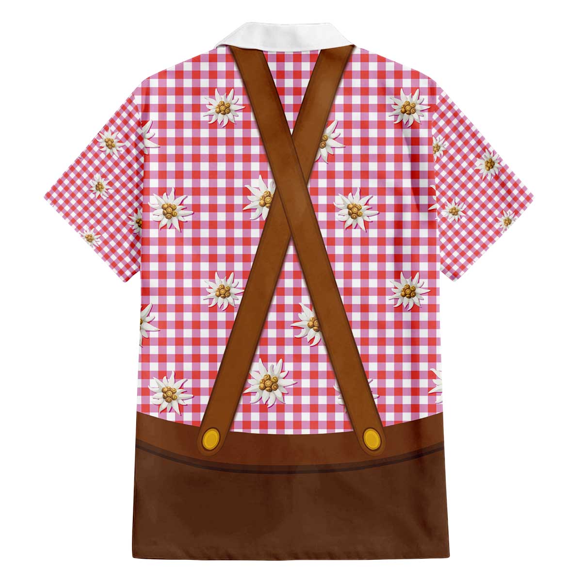 Traditional German Costume - Lederhosen and Soft Pretzel Family Matching Off The Shoulder Long Sleeve Dress and Hawaiian Shirt Blue Plaid Pattern with Edelweiss Flowers