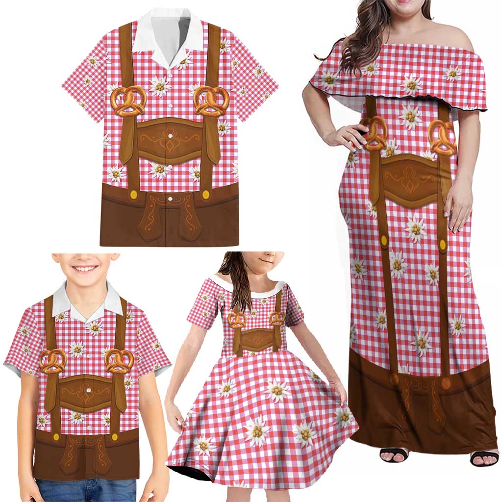Traditional German Costume - Lederhosen and Soft Pretzel Family Matching Off Shoulder Maxi Dress and Hawaiian Shirt Blue Plaid Pattern with Edelweiss Flowers
