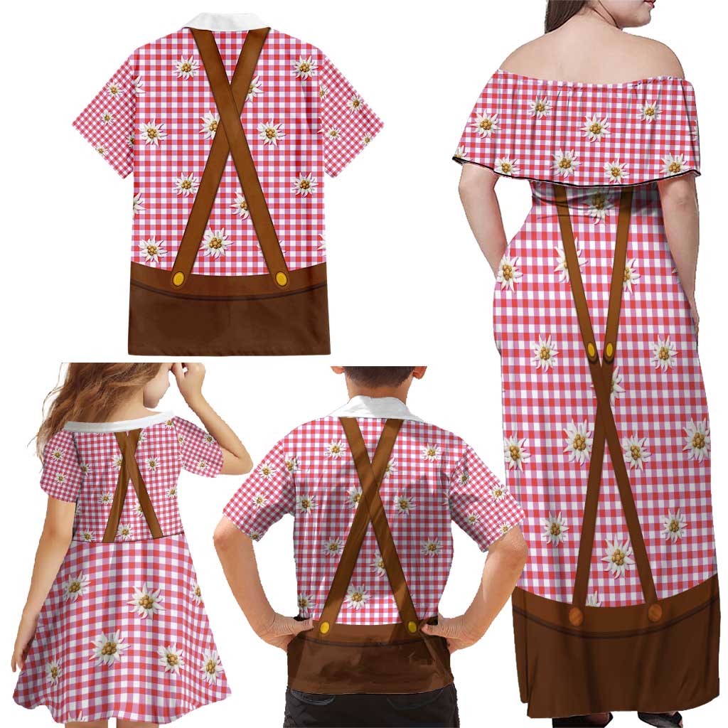 Traditional German Costume - Lederhosen and Soft Pretzel Family Matching Off Shoulder Maxi Dress and Hawaiian Shirt Blue Plaid Pattern with Edelweiss Flowers