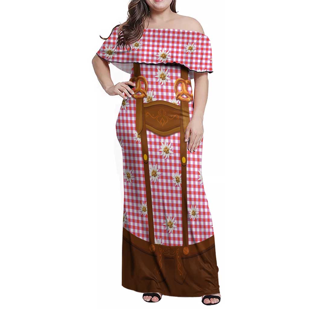 Traditional German Costume - Lederhosen and Soft Pretzel Family Matching Off Shoulder Maxi Dress and Hawaiian Shirt Blue Plaid Pattern with Edelweiss Flowers