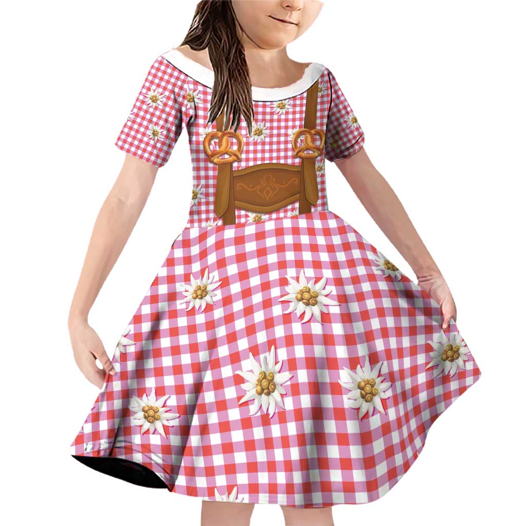 Traditional German Costume - Lederhosen and Soft Pretzel Family Matching Off Shoulder Short Dress and Hawaiian Shirt Blue Plaid Pattern with Edelweiss Flowers
