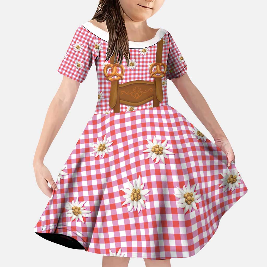 Traditional German Costume - Lederhosen and Soft Pretzel Family Matching Puletasi and Hawaiian Shirt Blue Plaid Pattern with Edelweiss Flowers