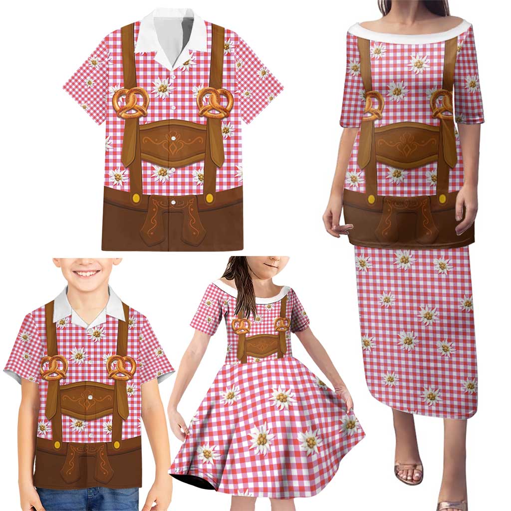 Traditional German Costume - Lederhosen and Soft Pretzel Family Matching Puletasi and Hawaiian Shirt Blue Plaid Pattern with Edelweiss Flowers