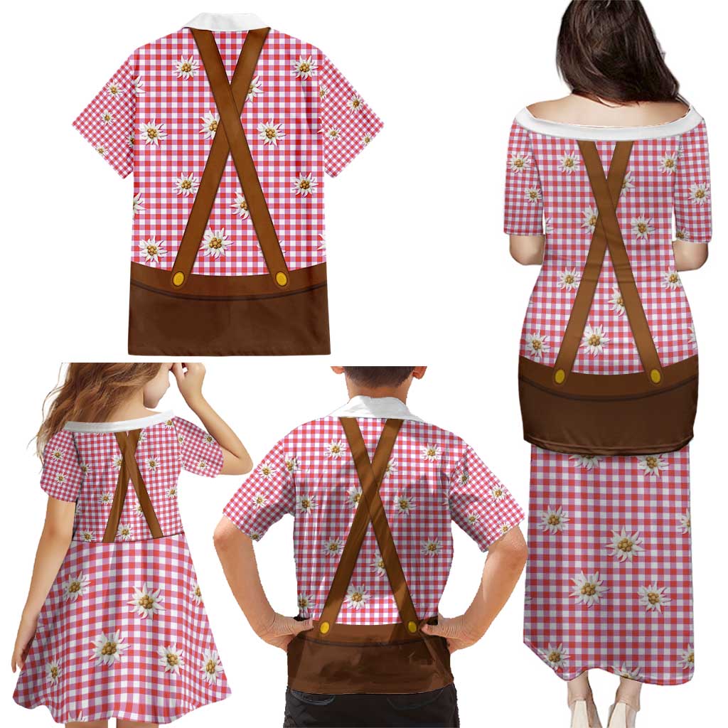 Traditional German Costume - Lederhosen and Soft Pretzel Family Matching Puletasi and Hawaiian Shirt Blue Plaid Pattern with Edelweiss Flowers