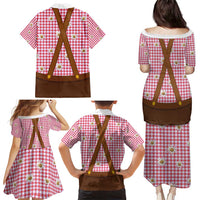 Traditional German Costume - Lederhosen and Soft Pretzel Family Matching Puletasi and Hawaiian Shirt Blue Plaid Pattern with Edelweiss Flowers