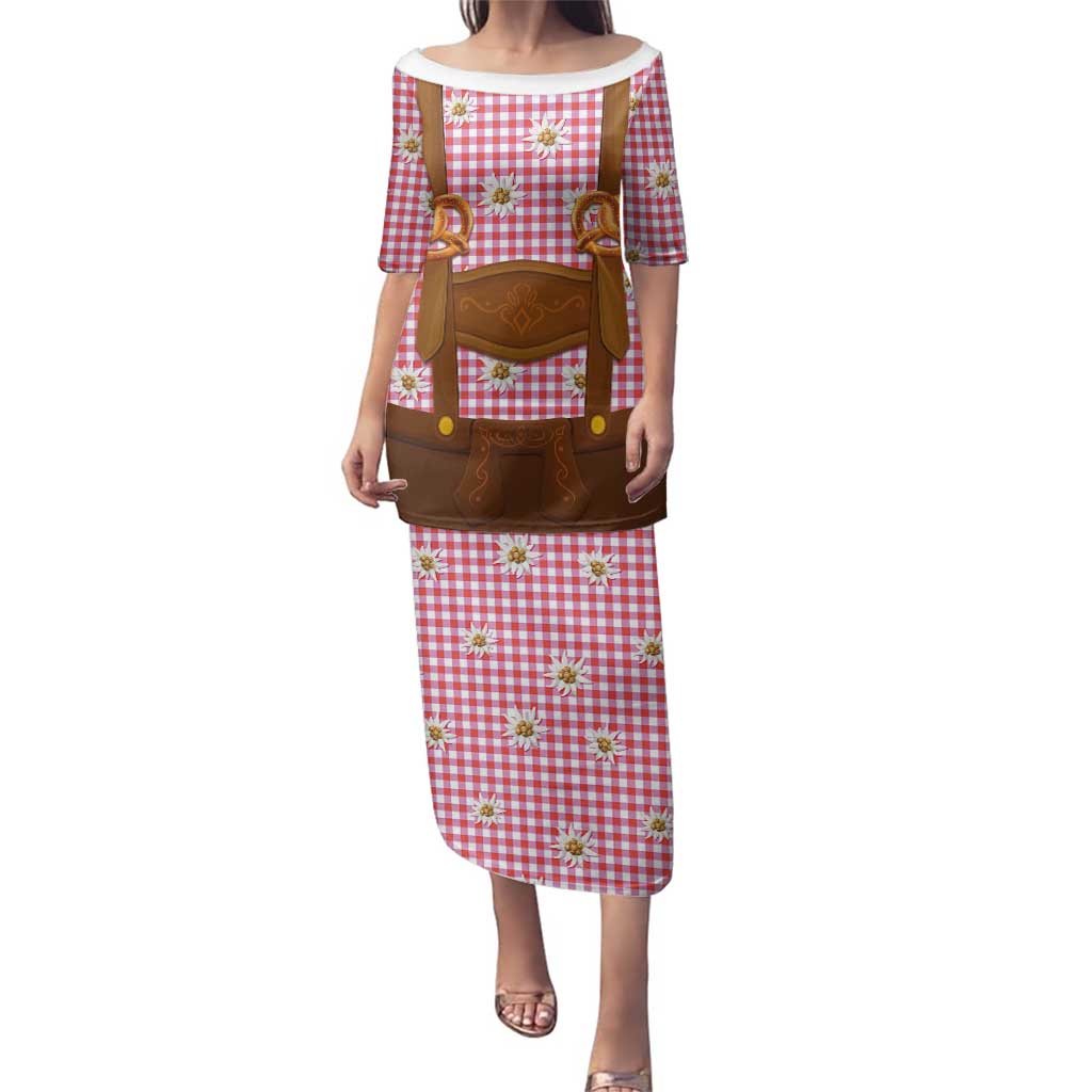 Traditional German Costume - Lederhosen and Soft Pretzel Family Matching Puletasi and Hawaiian Shirt Blue Plaid Pattern with Edelweiss Flowers