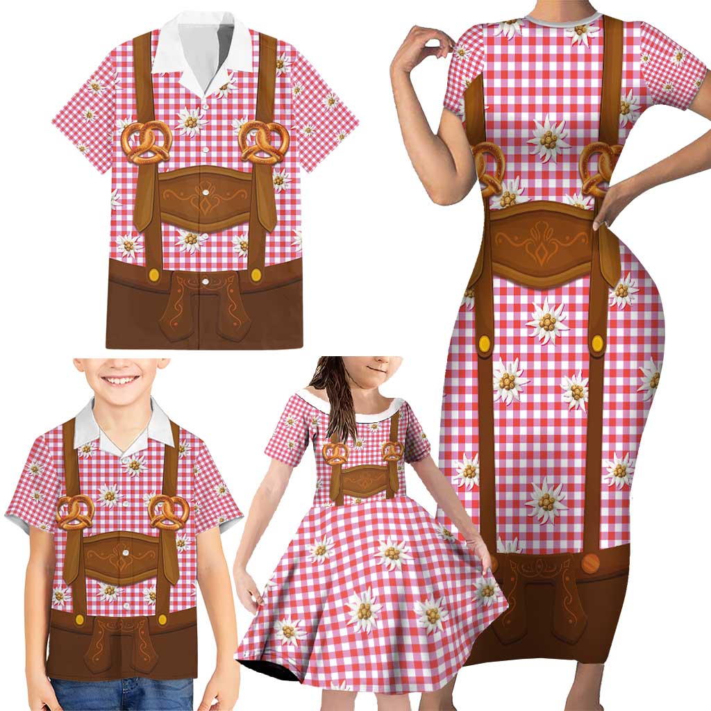 Traditional German Costume - Lederhosen and Soft Pretzel Family Matching Short Sleeve Bodycon Dress and Hawaiian Shirt Blue Plaid Pattern with Edelweiss Flowers