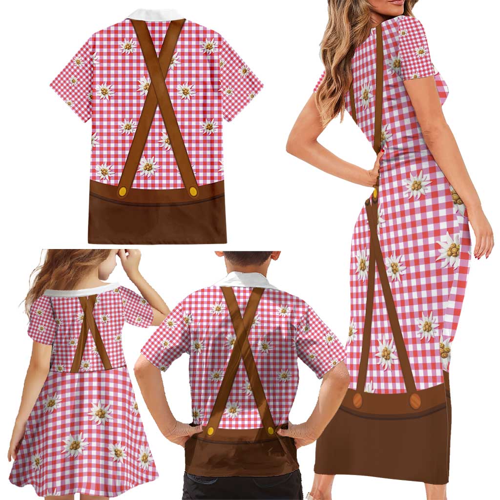 Traditional German Costume - Lederhosen and Soft Pretzel Family Matching Short Sleeve Bodycon Dress and Hawaiian Shirt Blue Plaid Pattern with Edelweiss Flowers