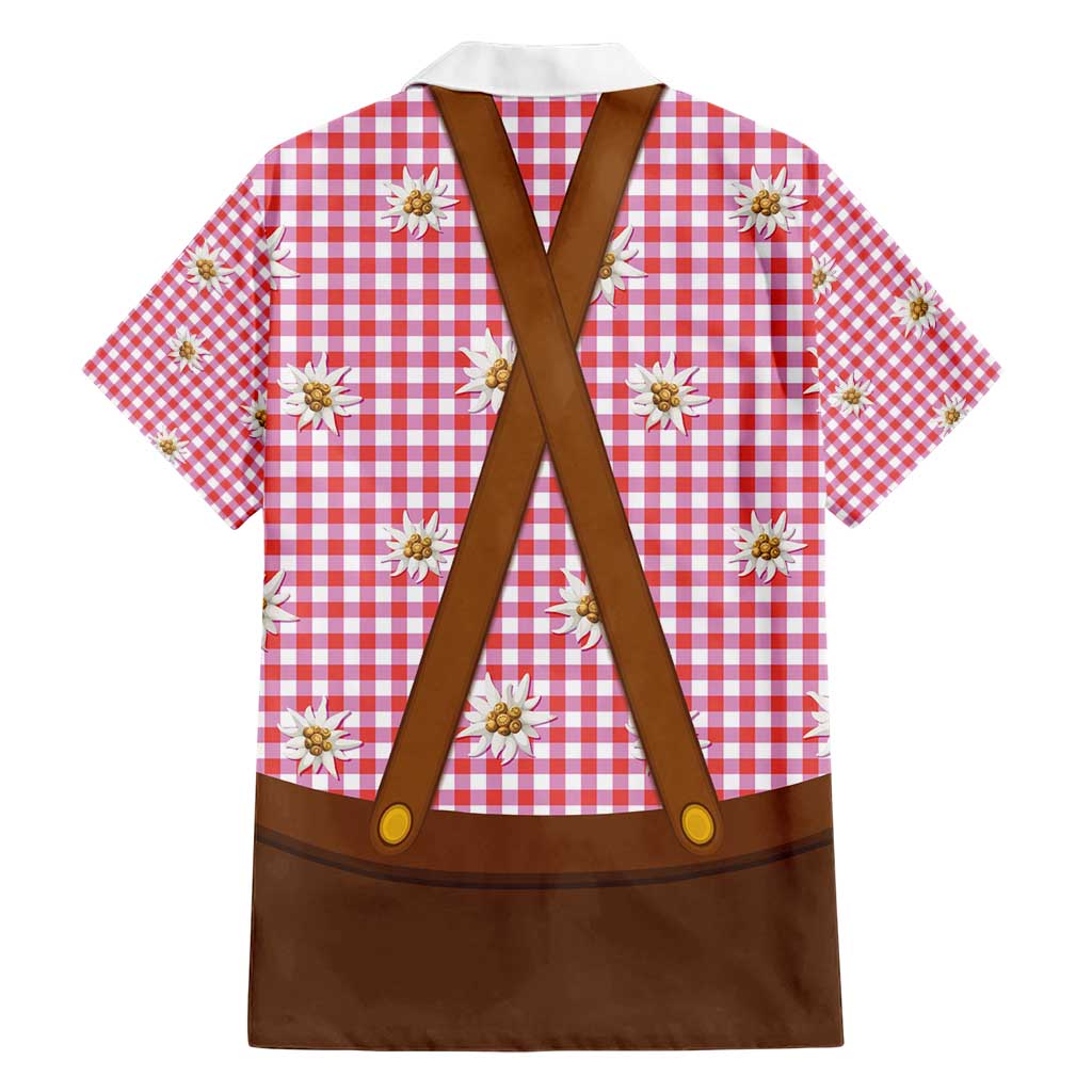 Traditional German Costume - Lederhosen and Soft Pretzel Family Matching Short Sleeve Bodycon Dress and Hawaiian Shirt Blue Plaid Pattern with Edelweiss Flowers