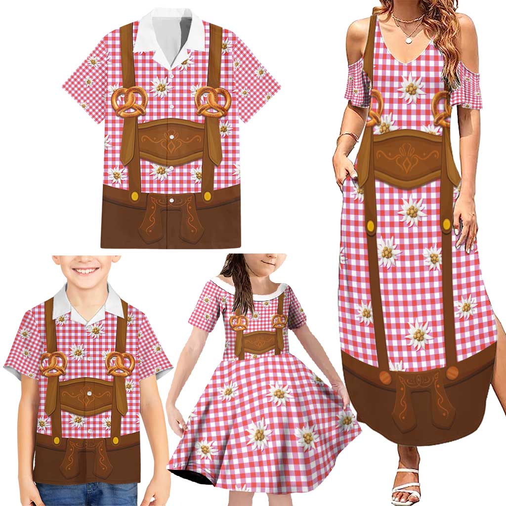Traditional German Costume - Lederhosen and Soft Pretzel Family Matching Summer Maxi Dress and Hawaiian Shirt Blue Plaid Pattern with Edelweiss Flowers