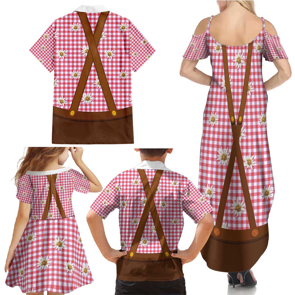 Traditional German Costume - Lederhosen and Soft Pretzel Family Matching Summer Maxi Dress and Hawaiian Shirt Blue Plaid Pattern with Edelweiss Flowers