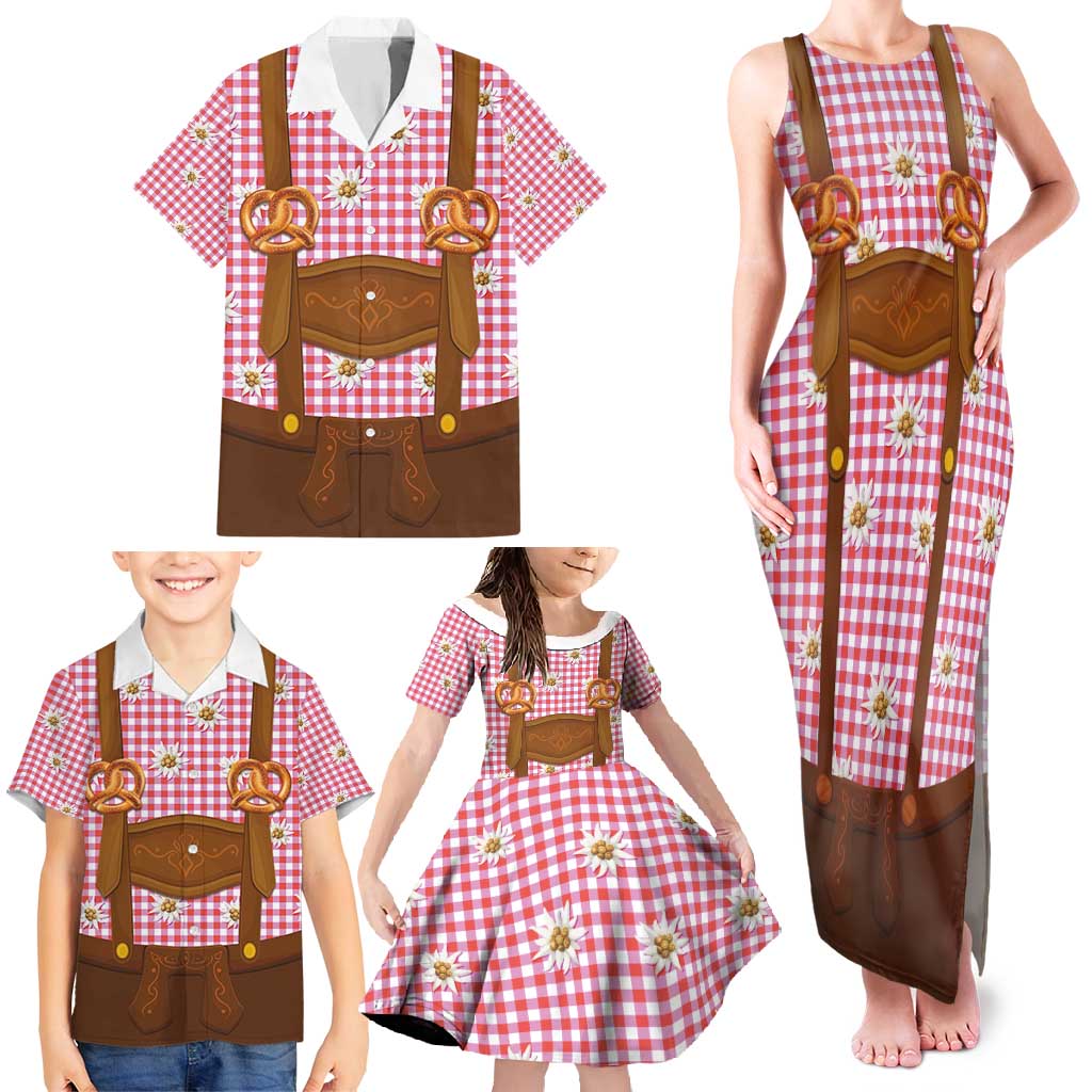 Traditional German Costume - Lederhosen and Soft Pretzel Family Matching Tank Maxi Dress and Hawaiian Shirt Blue Plaid Pattern with Edelweiss Flowers