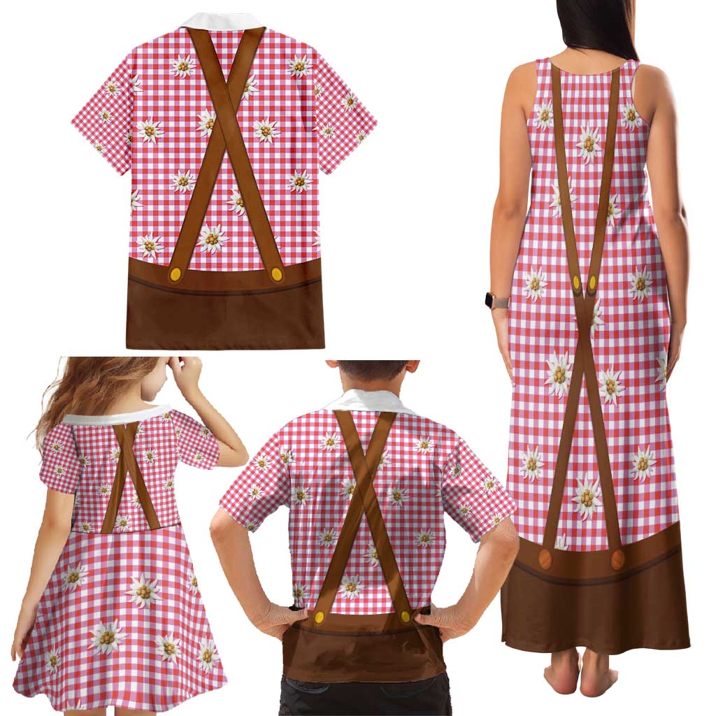 Traditional German Costume - Lederhosen and Soft Pretzel Family Matching Tank Maxi Dress and Hawaiian Shirt Blue Plaid Pattern with Edelweiss Flowers
