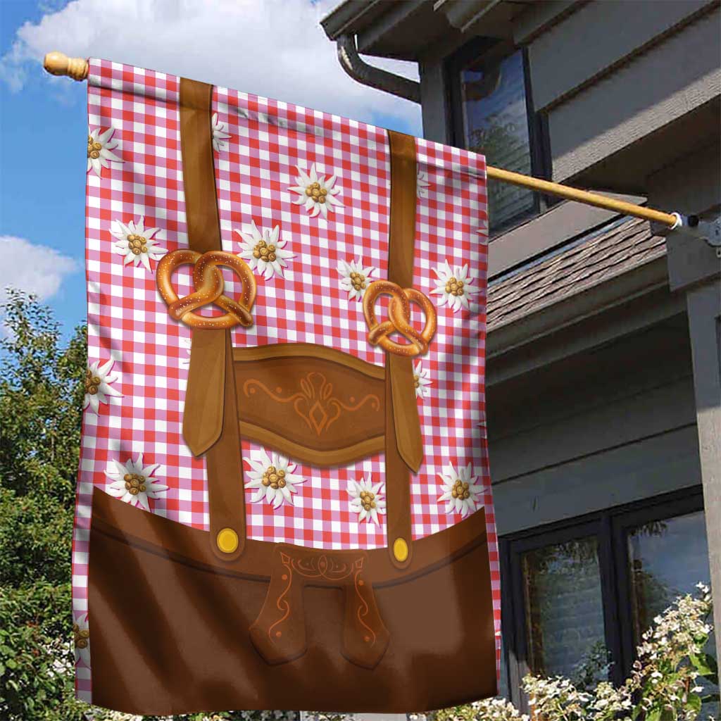 Traditional German Costume - Lederhosen and Soft Pretzel Garden Flag Blue Plaid Pattern with Edelweiss Flowers