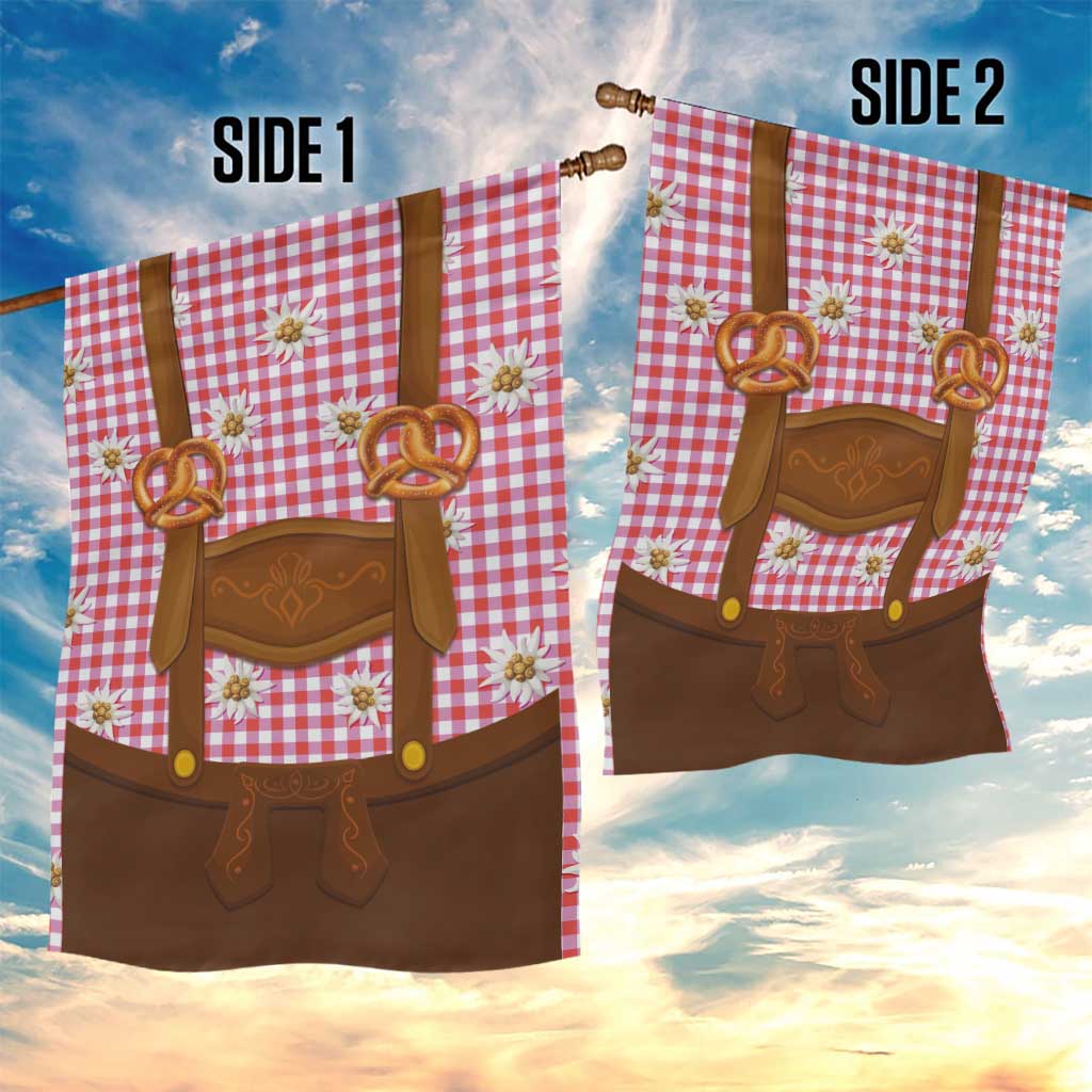 Traditional German Costume - Lederhosen and Soft Pretzel Garden Flag Blue Plaid Pattern with Edelweiss Flowers