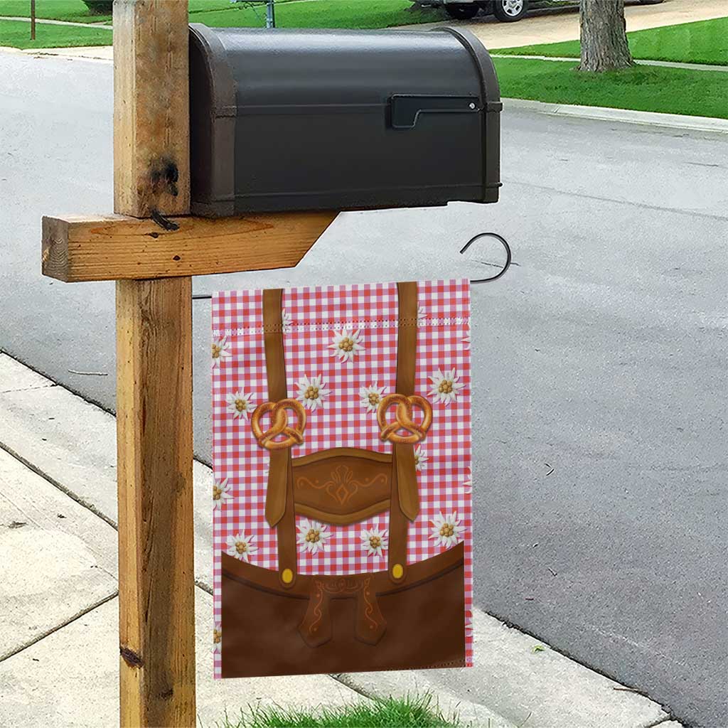 Traditional German Costume - Lederhosen and Soft Pretzel Garden Flag Blue Plaid Pattern with Edelweiss Flowers