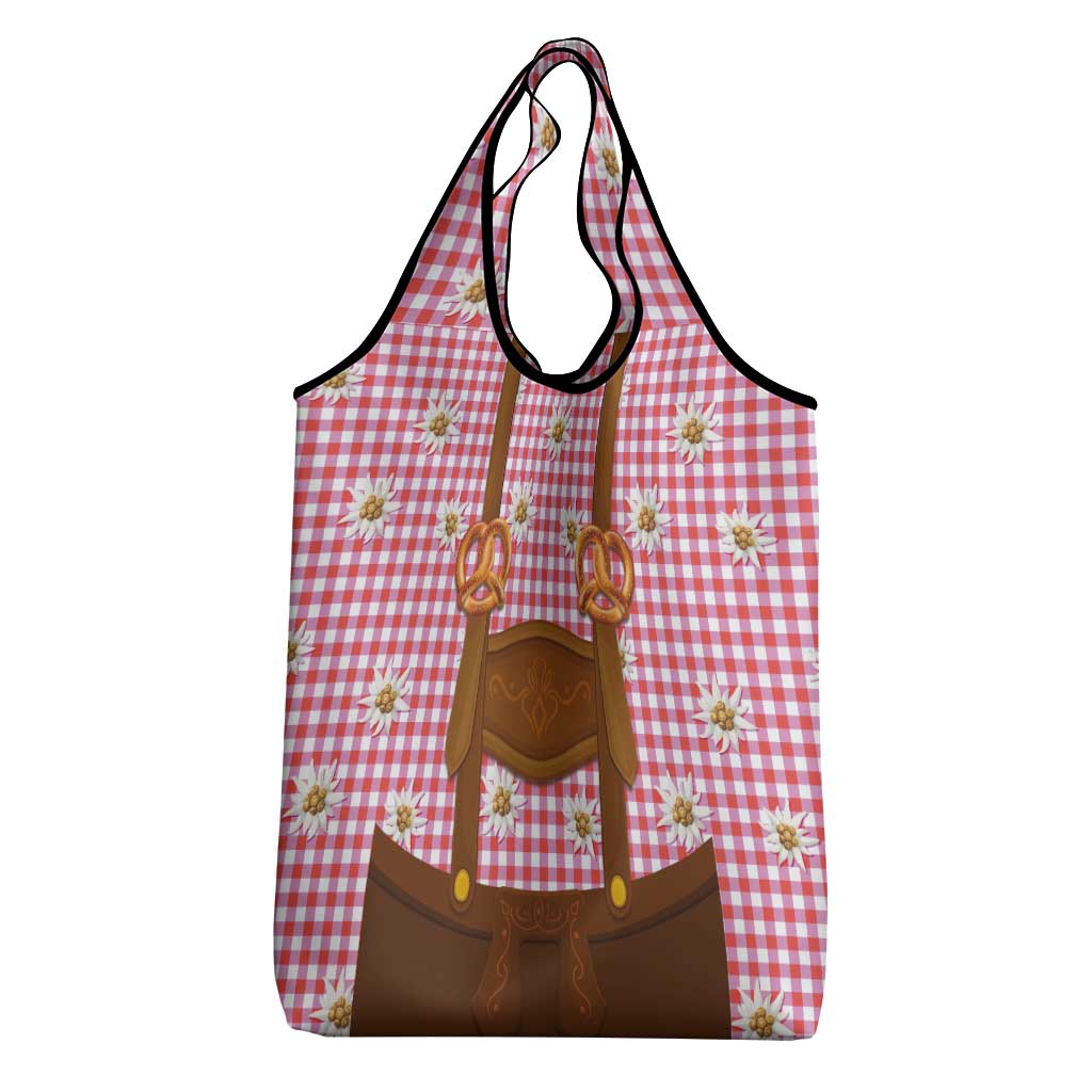 Traditional German Costume - Lederhosen and Soft Pretzel Grocery Bag Blue Plaid Pattern with Edelweiss Flowers
