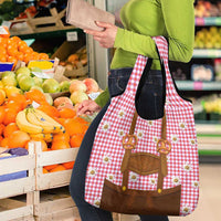 Traditional German Costume - Lederhosen and Soft Pretzel Grocery Bag Blue Plaid Pattern with Edelweiss Flowers
