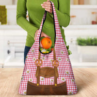 Traditional German Costume - Lederhosen and Soft Pretzel Grocery Bag Blue Plaid Pattern with Edelweiss Flowers