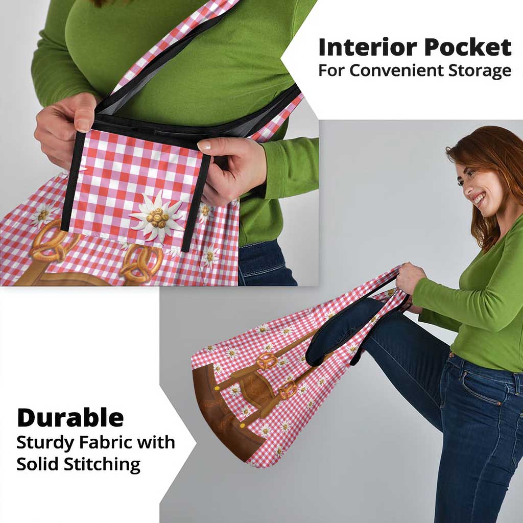 Traditional German Costume - Lederhosen and Soft Pretzel Grocery Bag Blue Plaid Pattern with Edelweiss Flowers