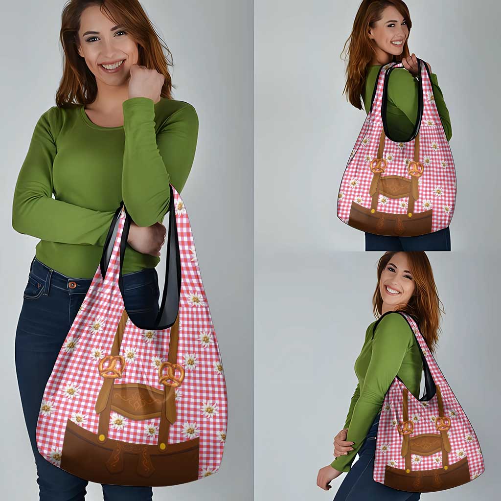 Traditional German Costume - Lederhosen and Soft Pretzel Grocery Bag Blue Plaid Pattern with Edelweiss Flowers